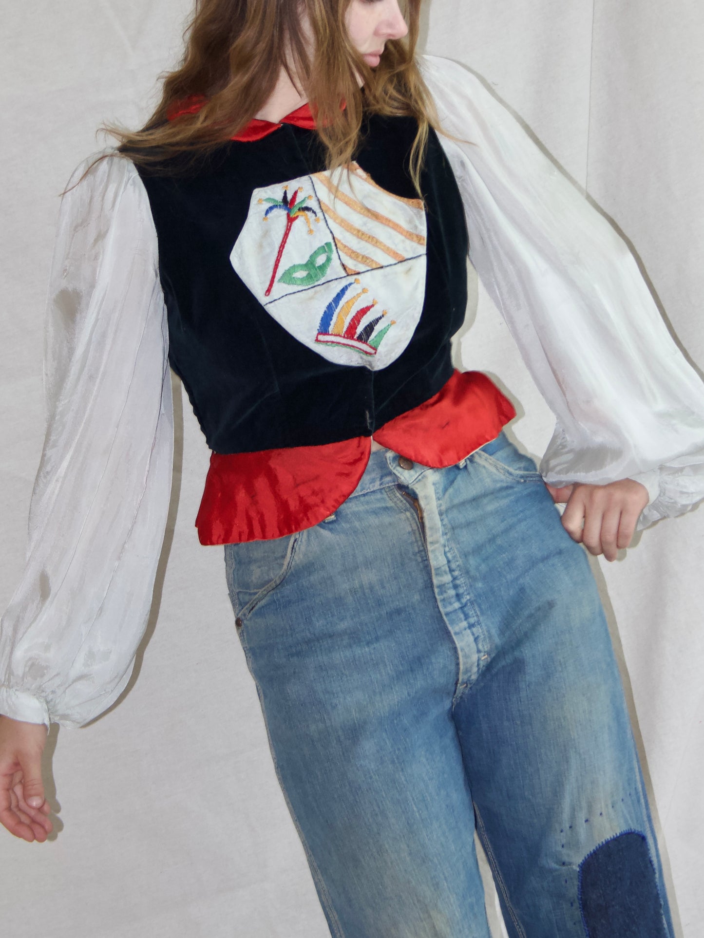1930s Rayon & Velveteen Hand Embroidered Jester Bishop Sleeve Blouse