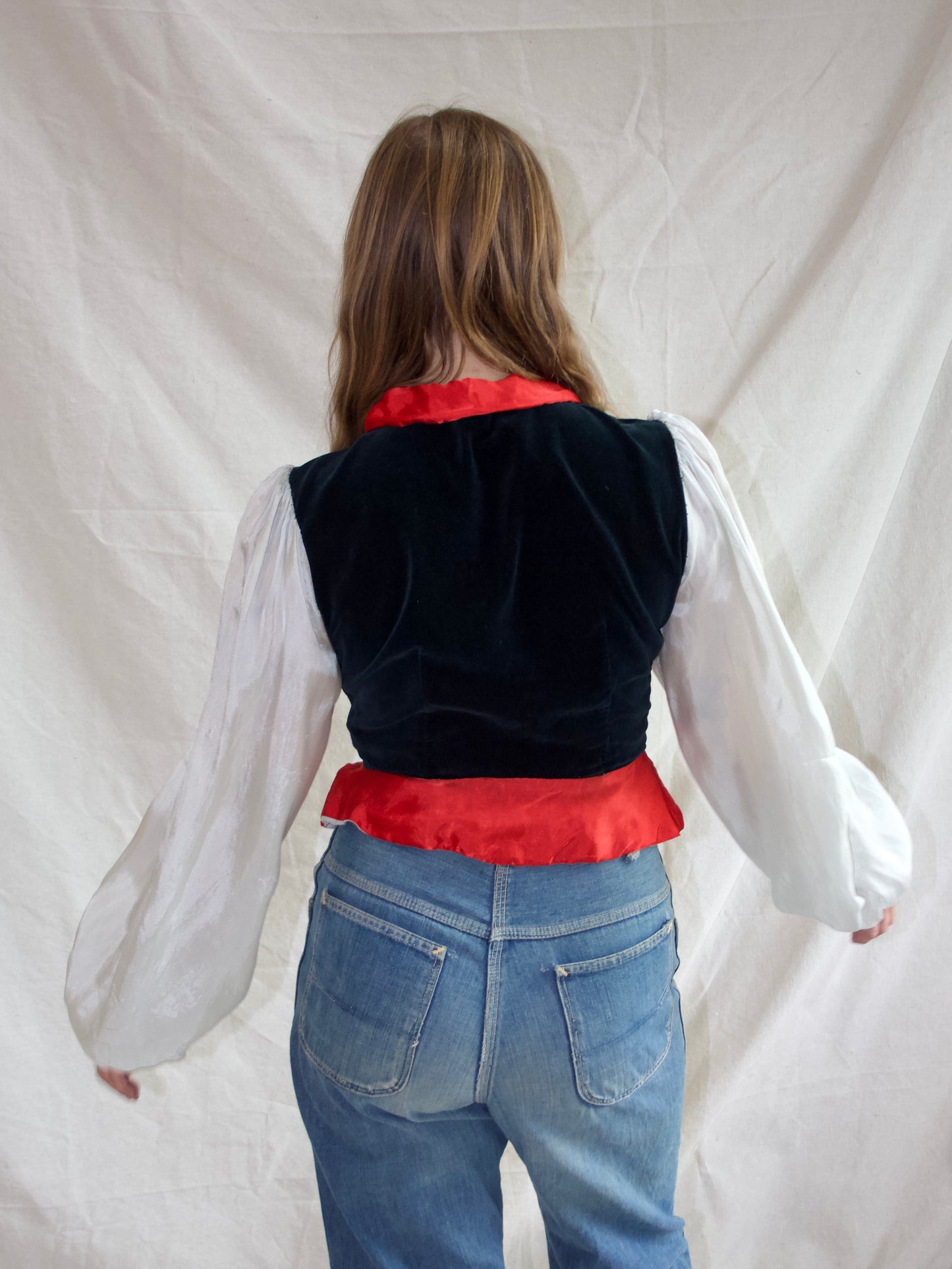 1930s Rayon & Velveteen Hand Embroidered Jester Bishop Sleeve Blouse