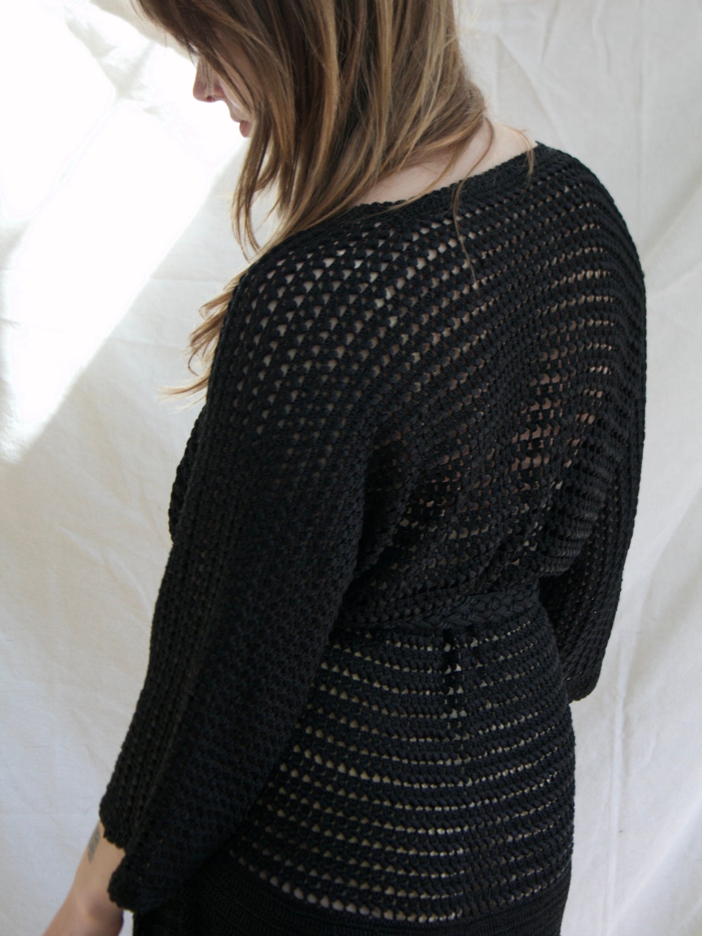 Antique 1920s Inky Black Rayon Knit Fringe Tunic Dress