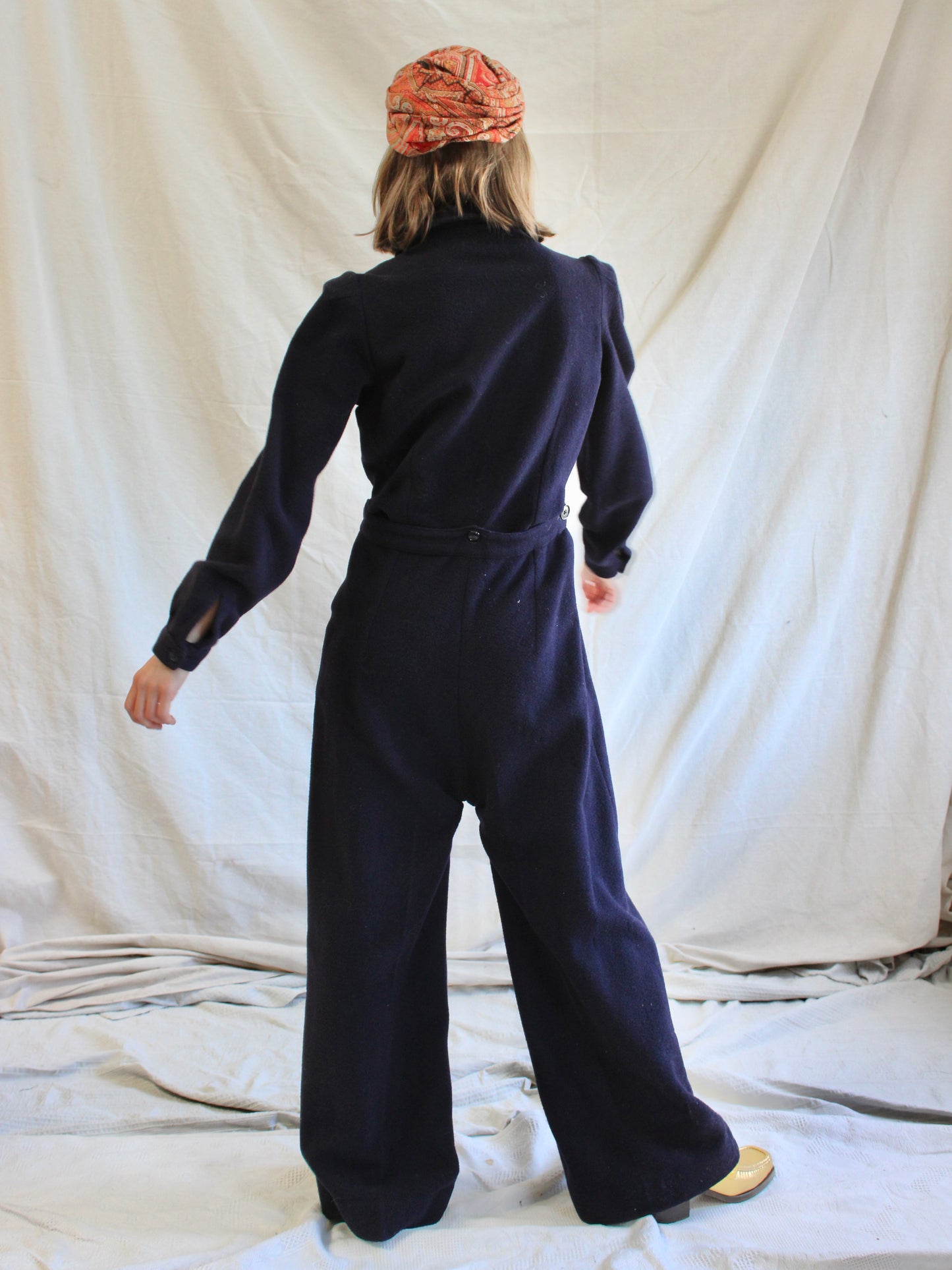 WW2 Navy Blue Wool Back Flap "Siren Suit" Wide Leg Jumpsuit