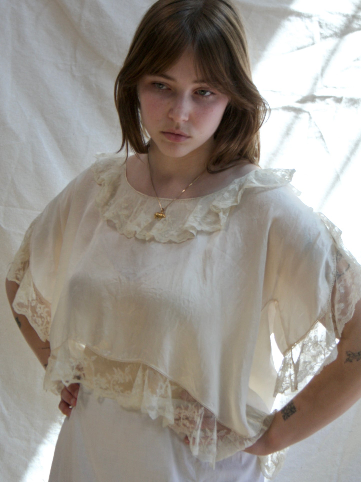Antique 1920s Eggshell Silk Lace Trim Boudoir Blouse