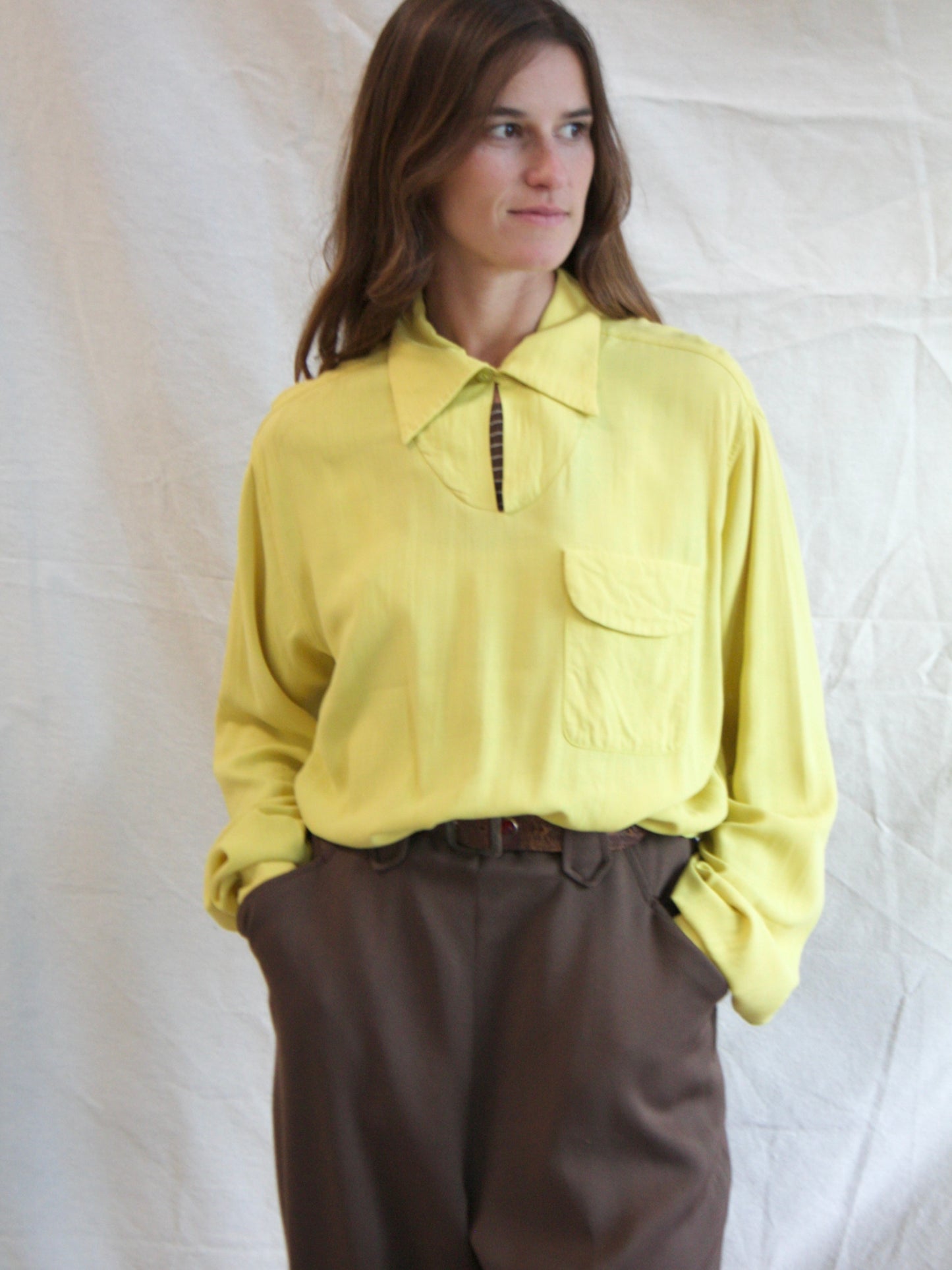 Rare 1950s Vibrant Chartreuse Smocked Gaucho Loop Collar Shirt