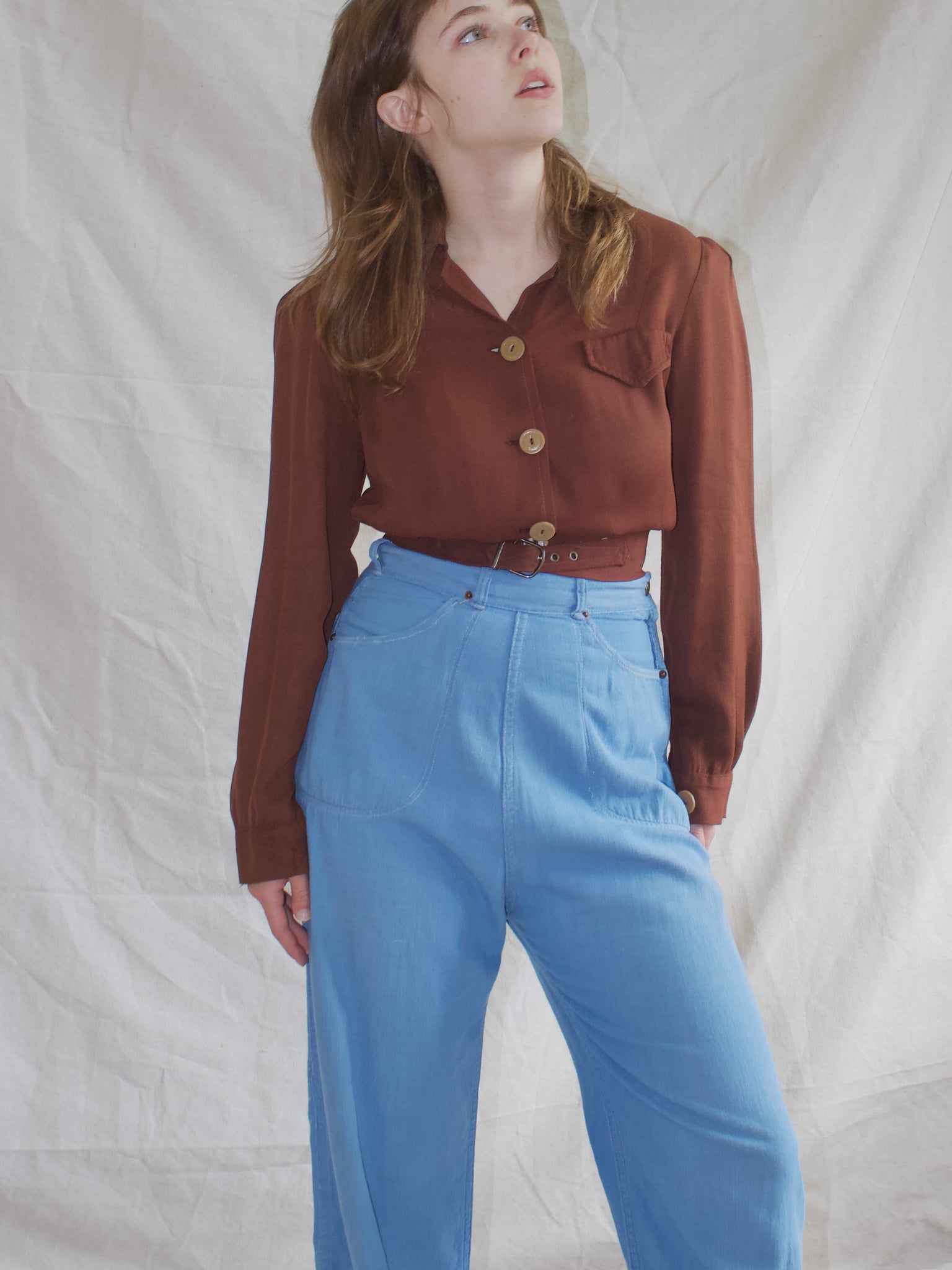 1940s Chestnut Brown Puff Sleeve Buckle Waist Copped Sportswear Blouse