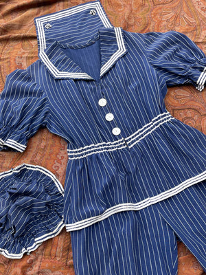 Late 1800s Striped Swimsuit Made Circa 1930s-2 Piece Jumpsuit + Hat