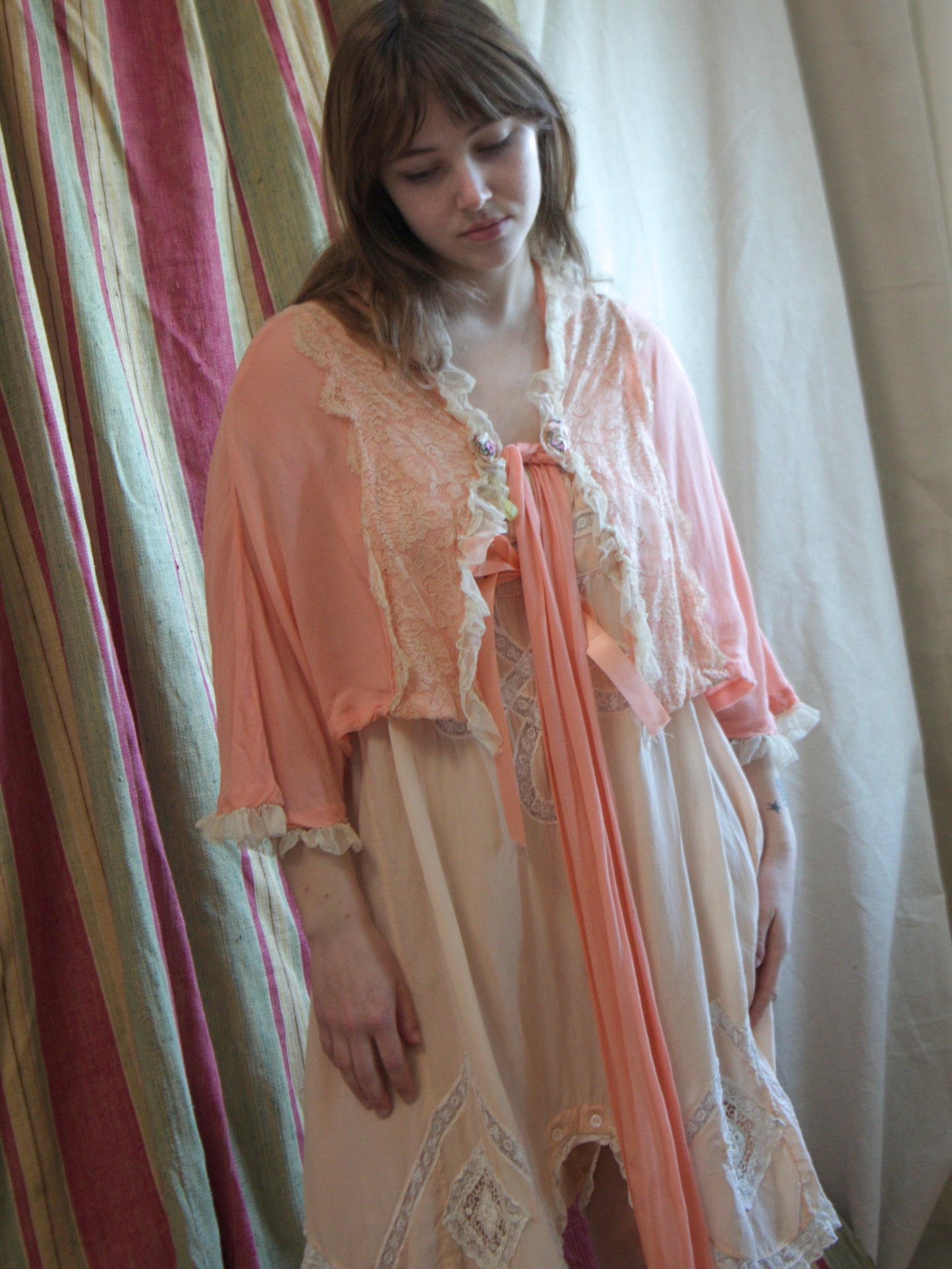 1930s Crepe Chiffon & Ecru Lace Ribbonwork Tie Jacket