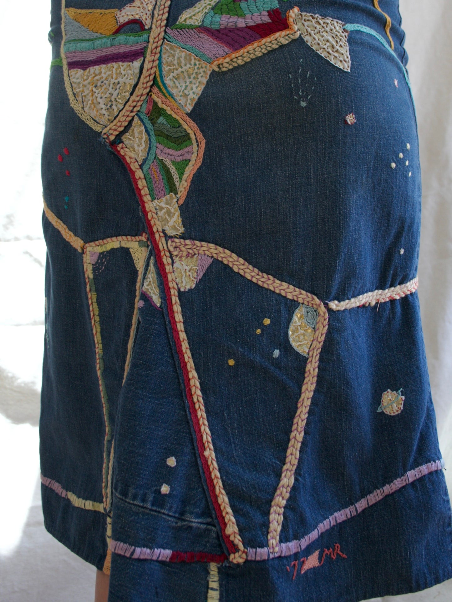 Hand Made 1977 Dated Embroidered Denim Hippie Skirt