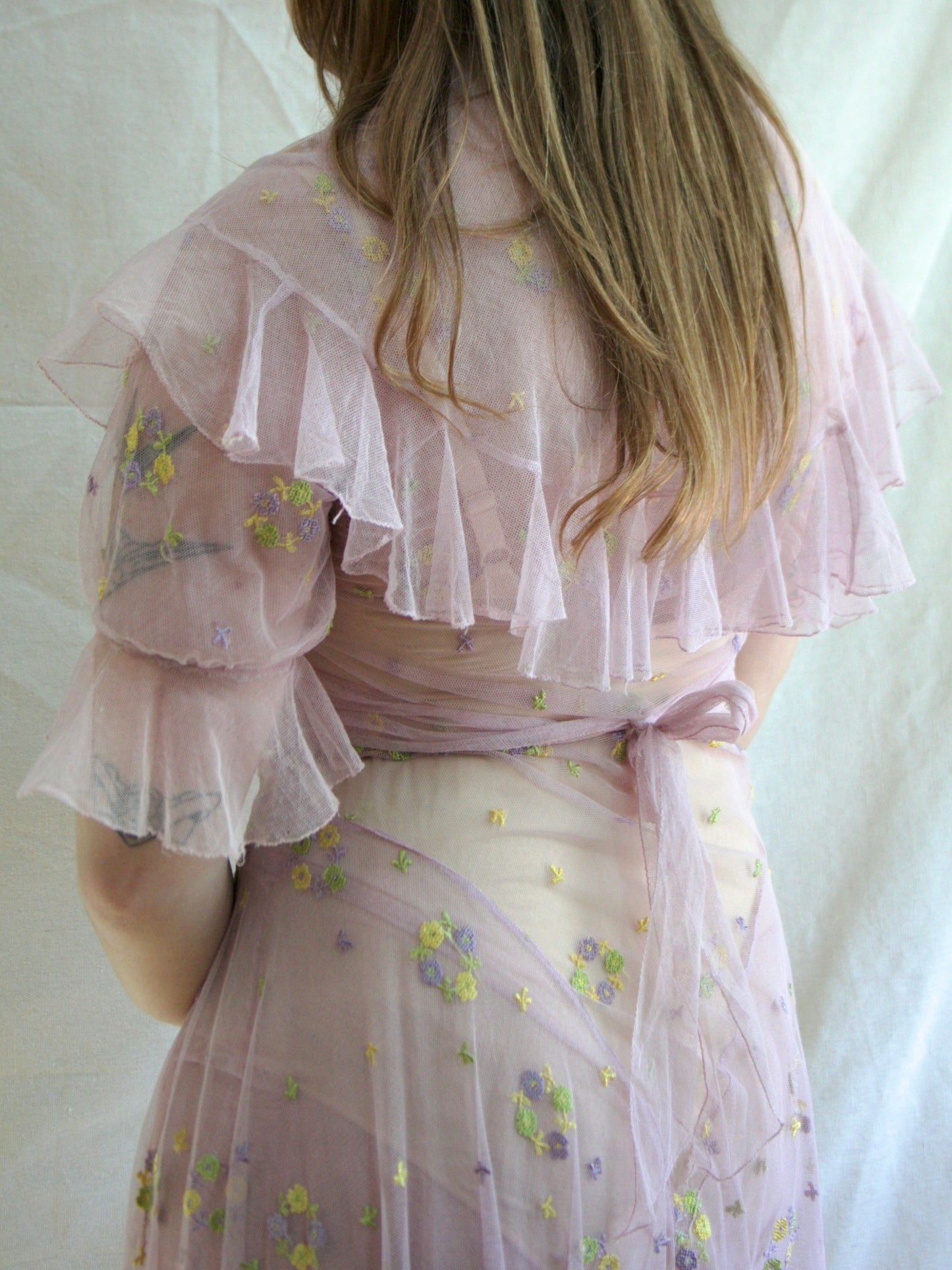 1930s Deco Springtime Embroidered Lavender Tiered Net Dress