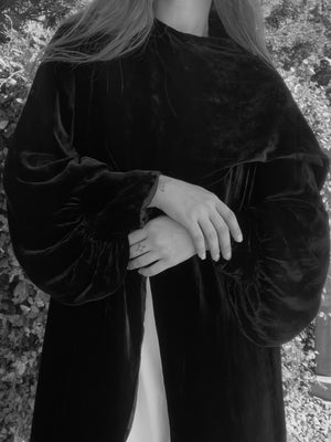 1920s Asymmetrical Collar Noir Silk Velvet Coat