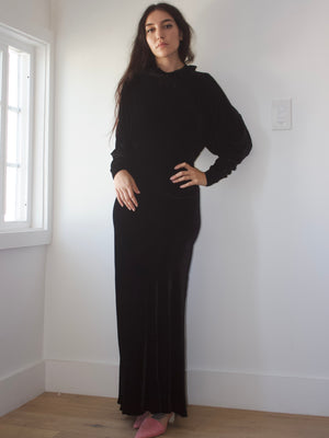 1930s Inky Black High Neck Silk Velvet Dolman Sleeve Keyhole Gown