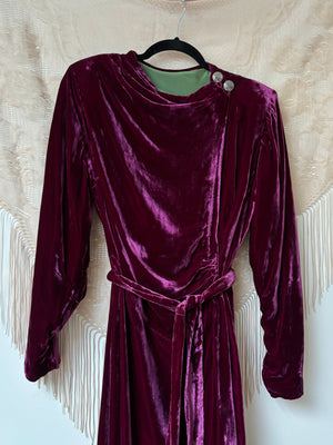 1930s Merlot Velvet Ruched Wrap Style Belted Dress