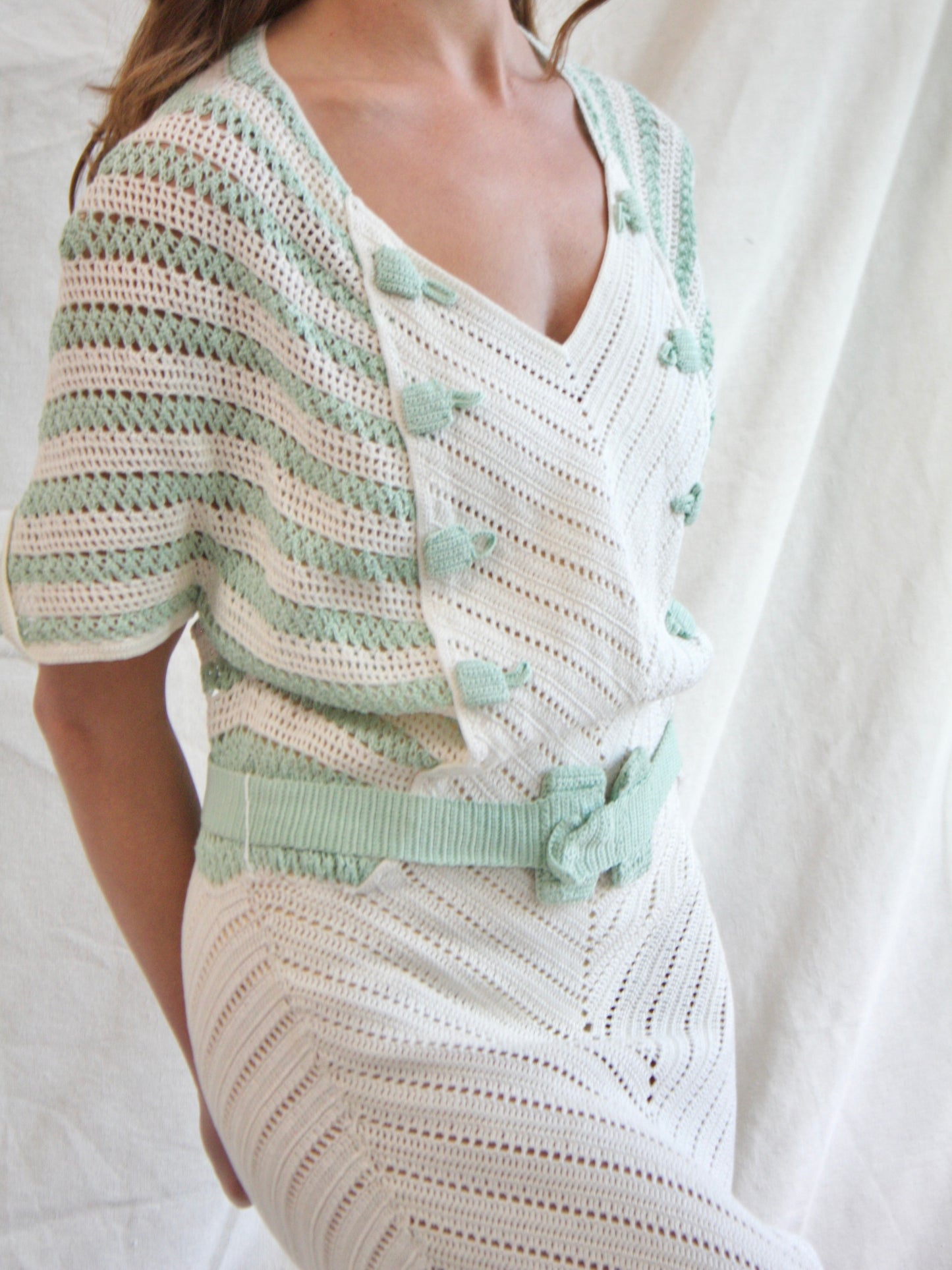 1930s Mint & Cream Striped Knit Belted Dress
