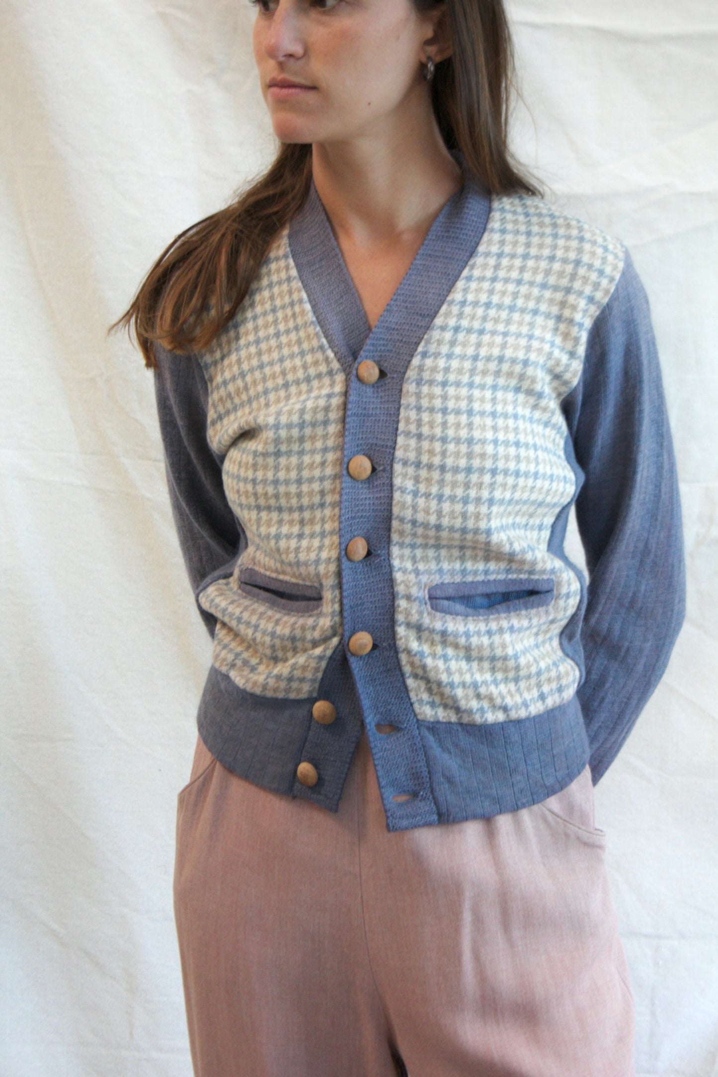1940s 'Nu-Knit' Houndstooth Two Tone Wool Button Front Cardigan