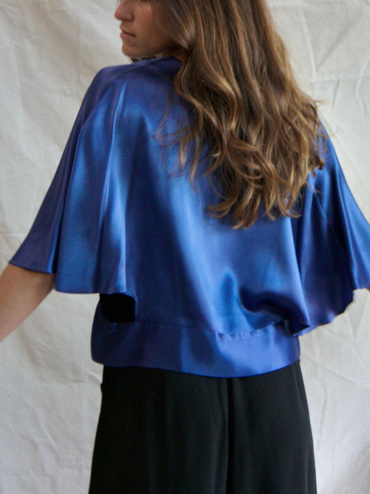 1930s Cobalt Blue Silk Plunging Open Side Capelet Blouse