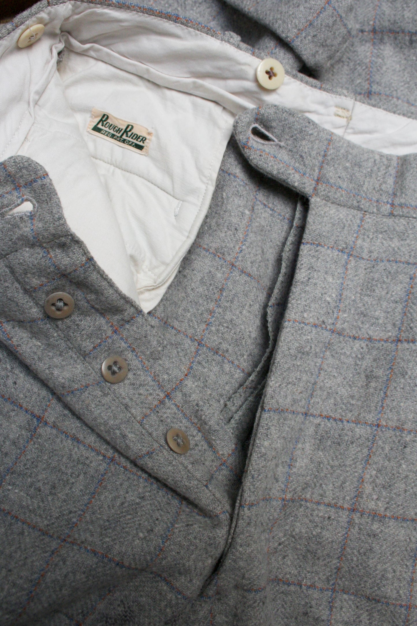 1940s 'Rough Rider' Windowpane Plaid Slate Grey Wool Side Buckle Trousers