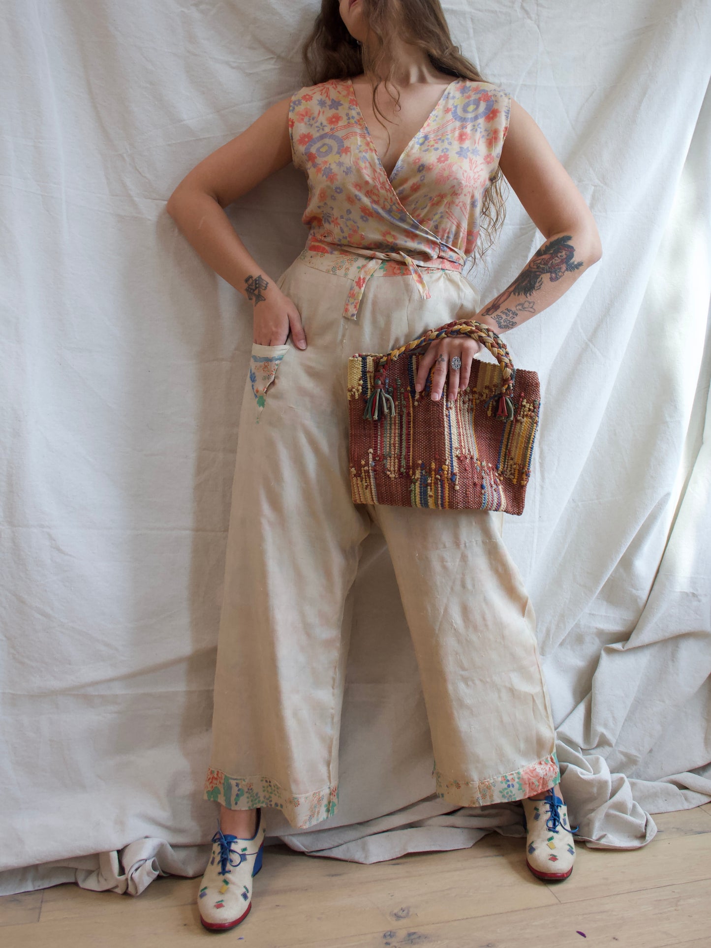1930s Japanese Pongee Silk Border Trim Lounge Pants