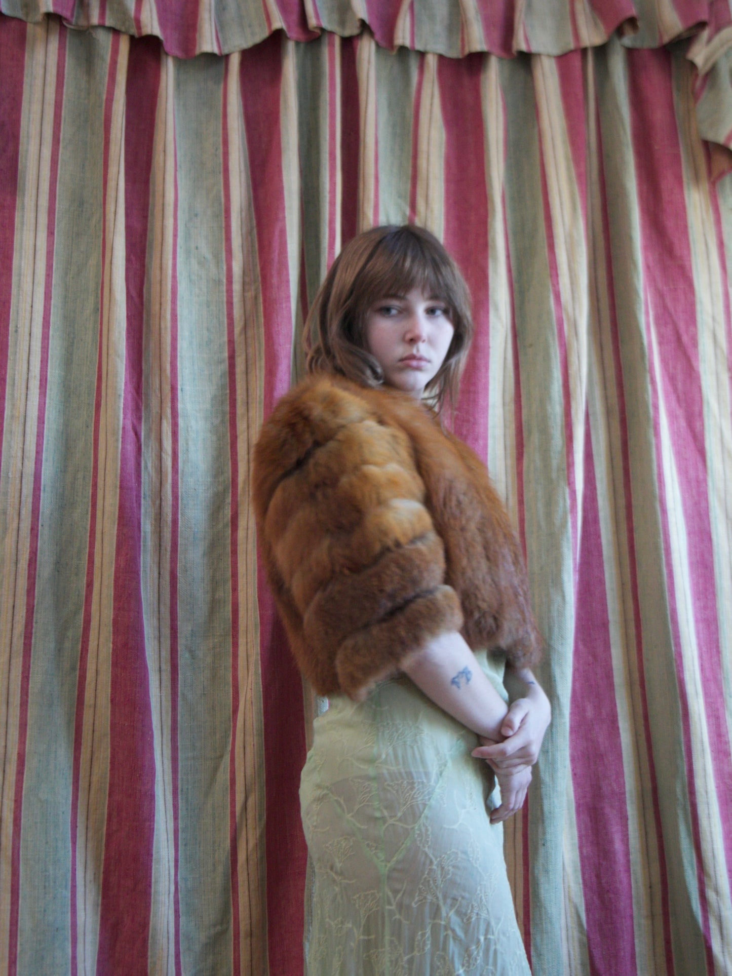 1940s Strong Shoulder Fox Fur & Silk Satin Cropped Jacket