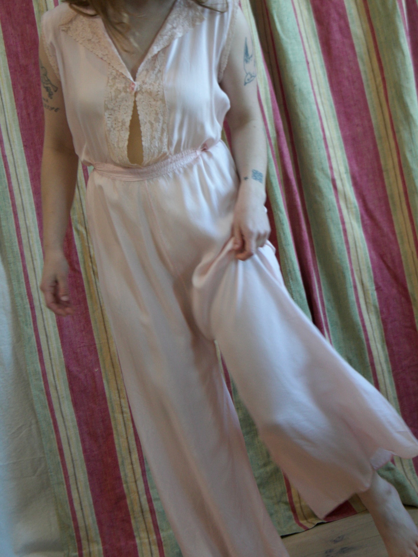 1930s Petal Pink Lace Trim Keyhole Boudoir Jumpsuit