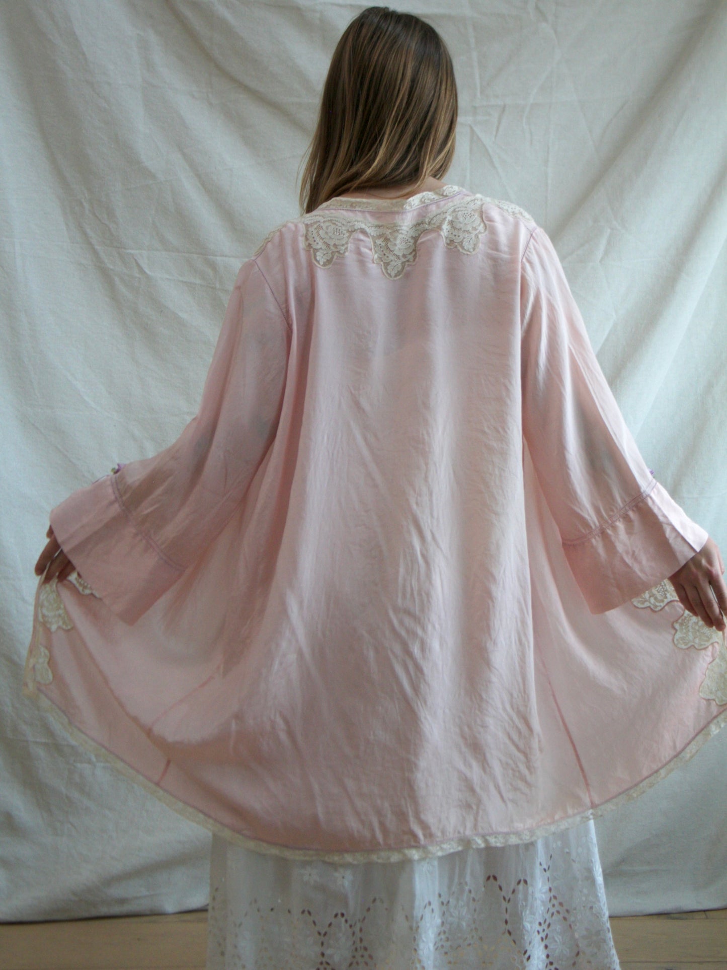 19930s Silk Crepe De Chine Inset Lace Rosette Lingerie Robe