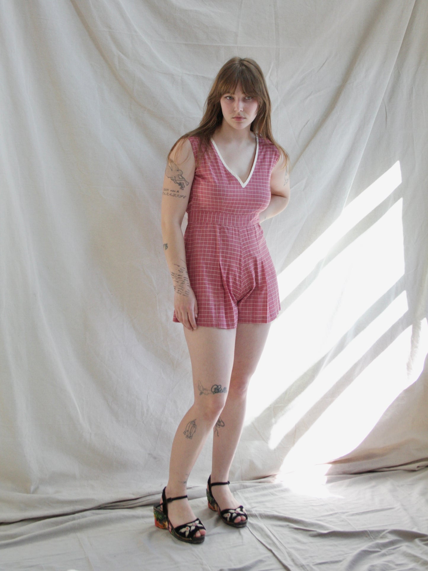 1930s/1940s Bell Back Zip Windowpane Pink Playsuit