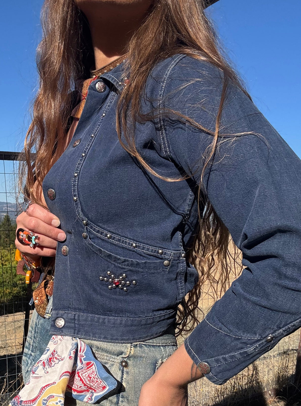 1950s Dark Wash Selvedge Studded/ Jeweled Western Denim Jacket