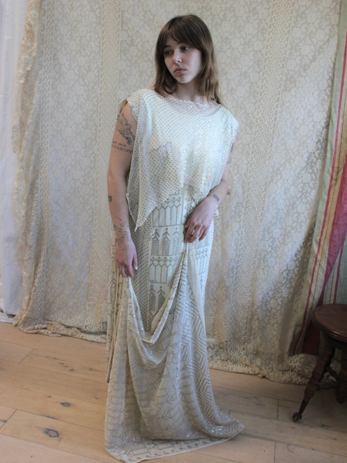 Antique 1920s Assuit Grecian Draped Back Trained Bridal Gown