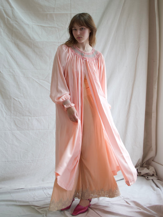 1940s Open front Smocked Balloon Sleeve Silk Crepe Smock Dress