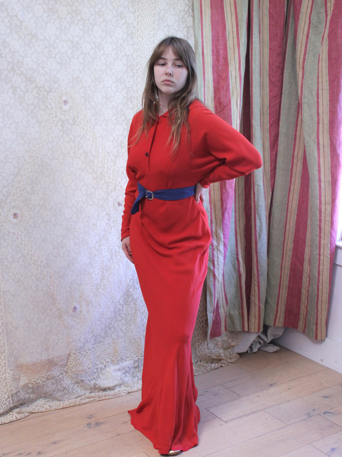 1930s Tomato Red Keyhole Back Rayon Crepe Bias Gown