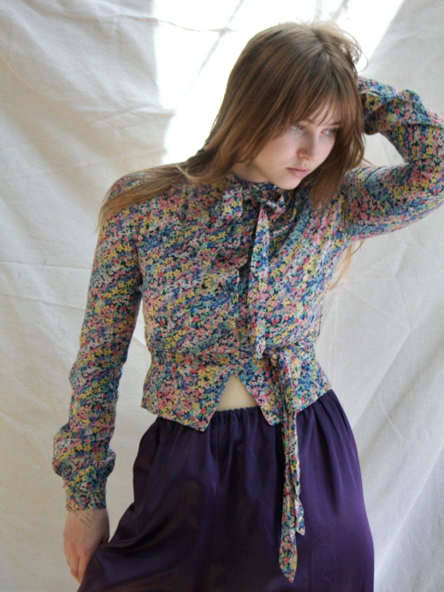 1930s Micro Floral Belted Rayon Crepe Cropped Blouse