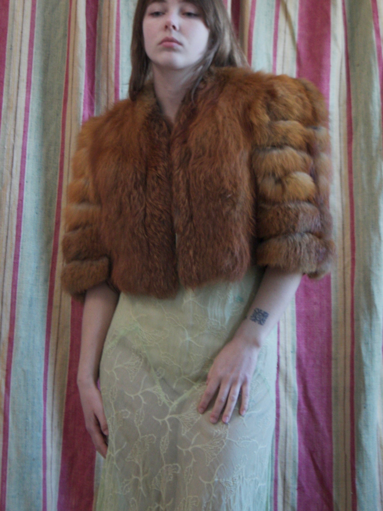 1940s Strong Shoulder Fox Fur & Silk Satin Cropped Jacket