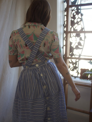 1940s Striped Chambray Blue Cotton Pinafore Button Back Dress