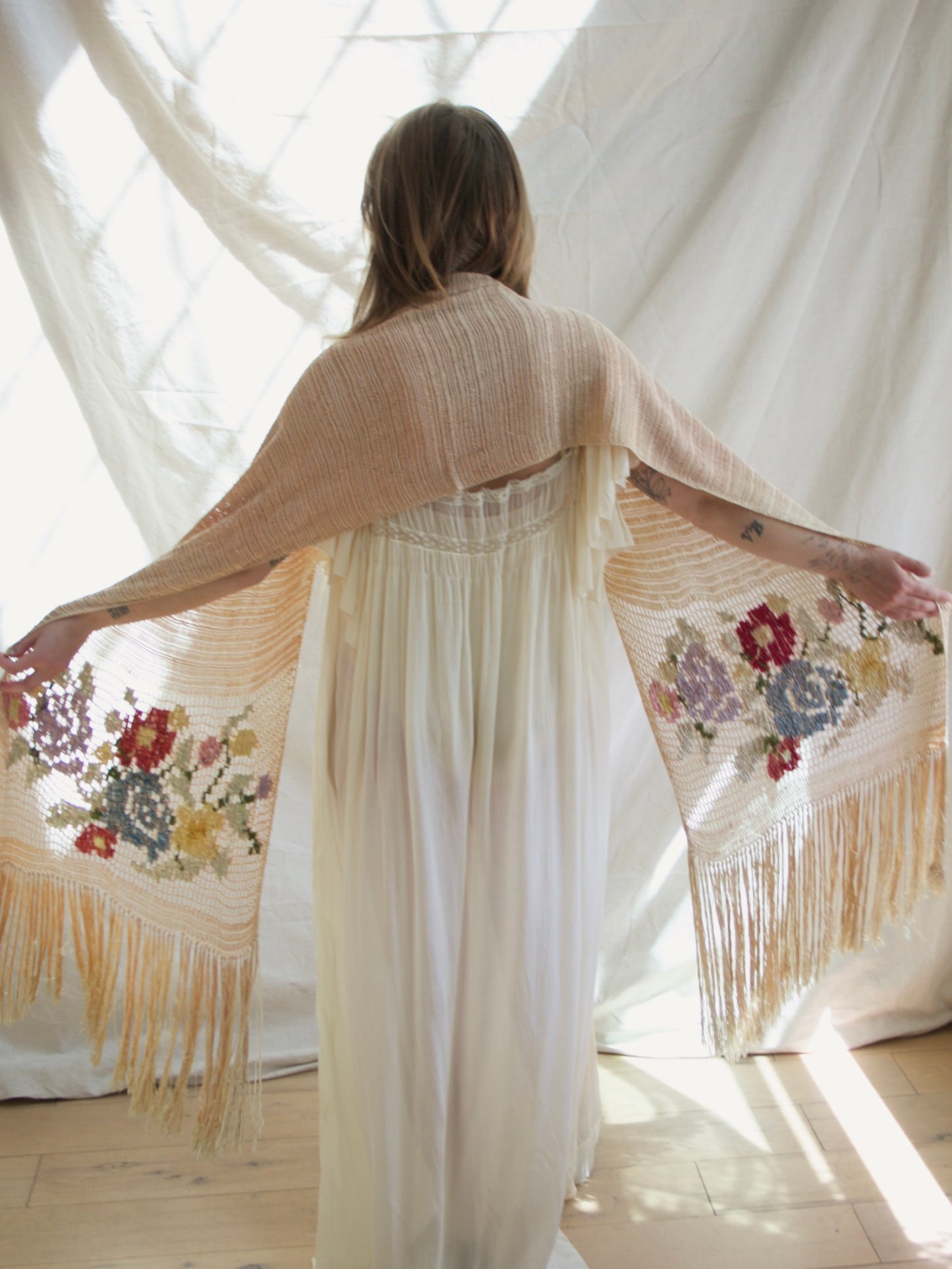 1930s Austrian Silk Crochet Floral Fringe Shawl