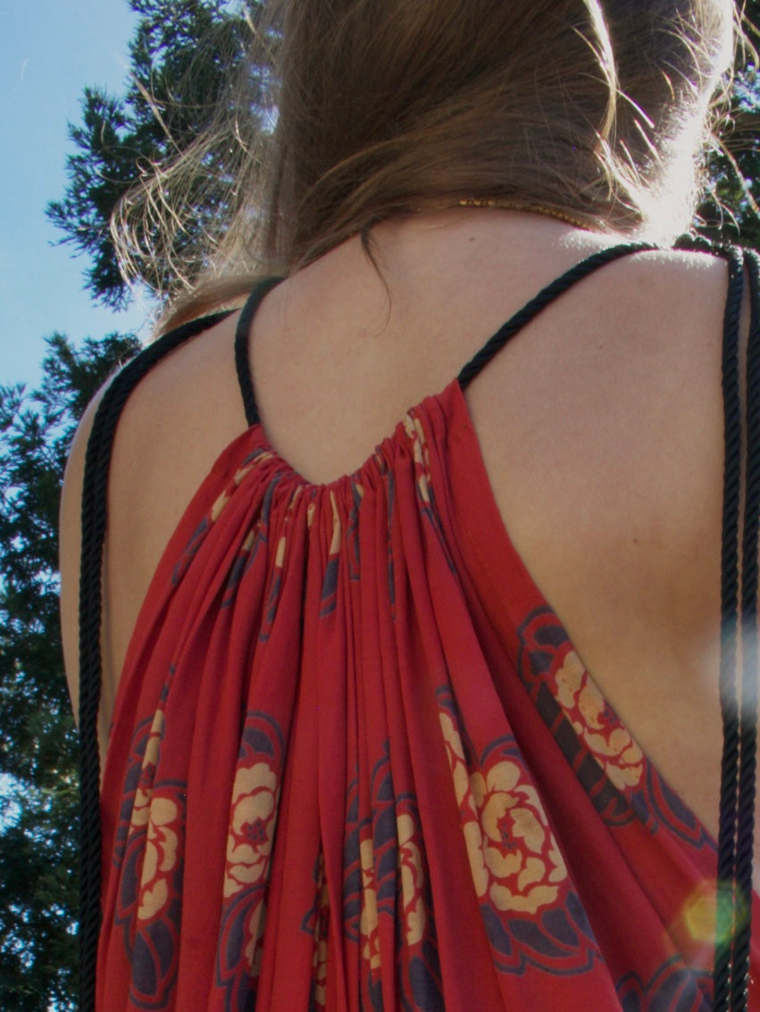 Antique Turkey Red Woven Silk Floral Print Drawstring Dress