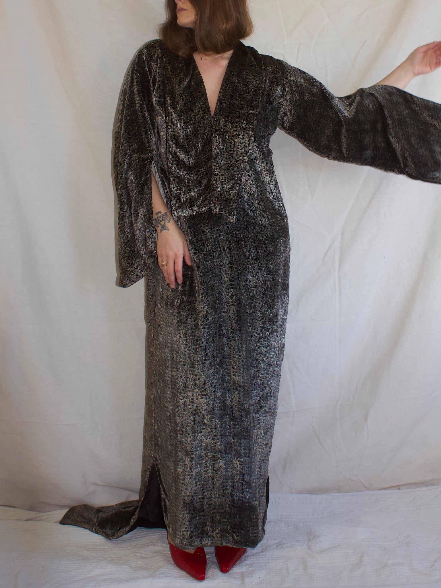 Rare Antique Late 1910s Geometric Printed Silk Velvet Trained Column Gown