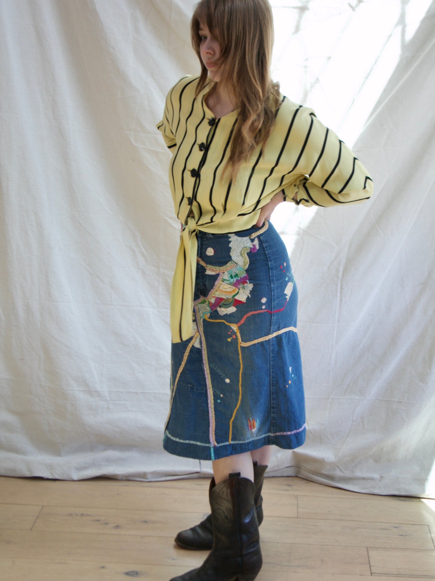 Hand Made 1977 Dated Embroidered Denim Hippie Skirt