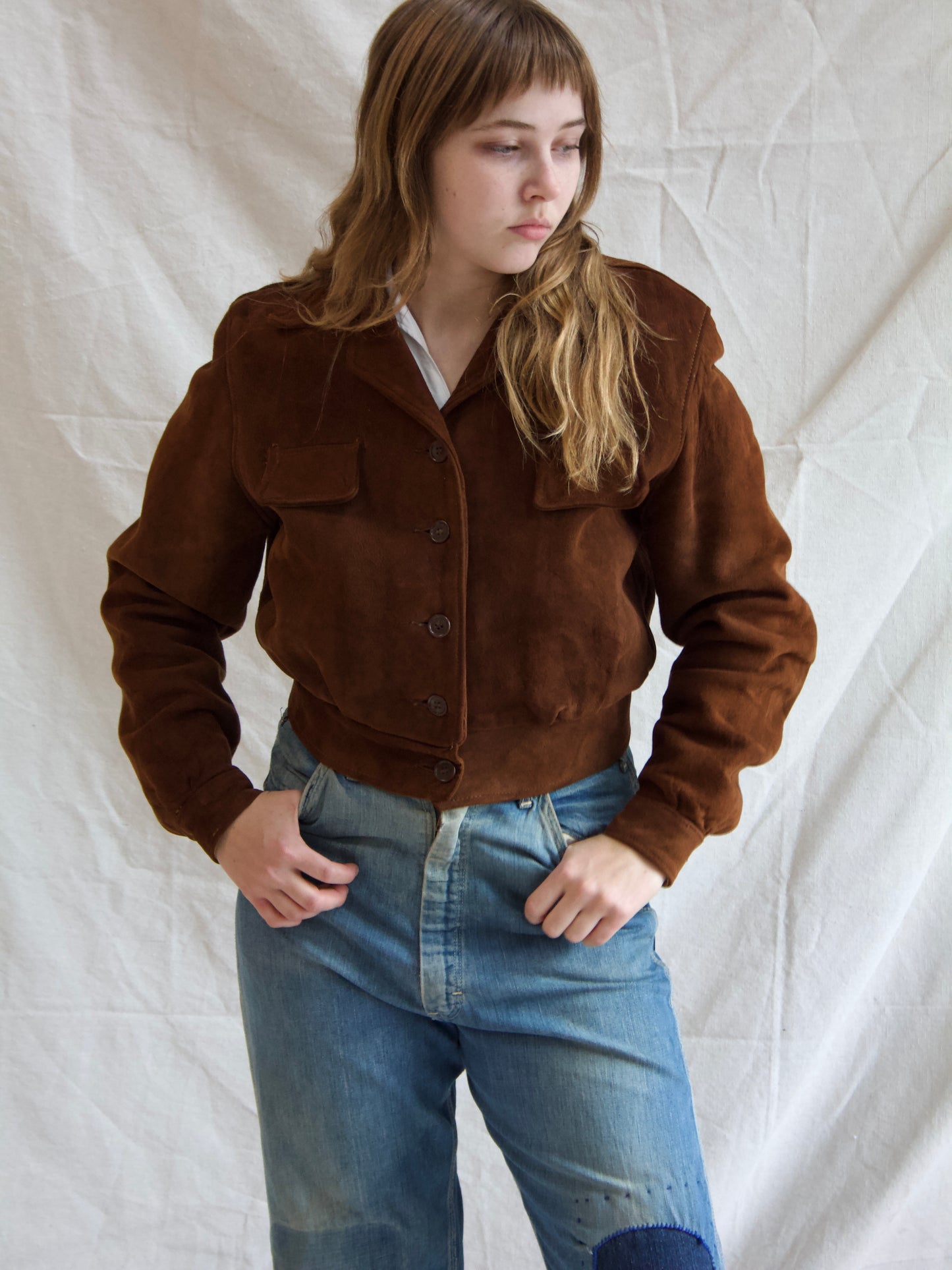 1940s Cropped Suede Flannel Lined Side Cinch Jacket