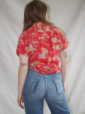 1940s Raw Silk Hawaiian Print Cherry Red Cropped Blouse