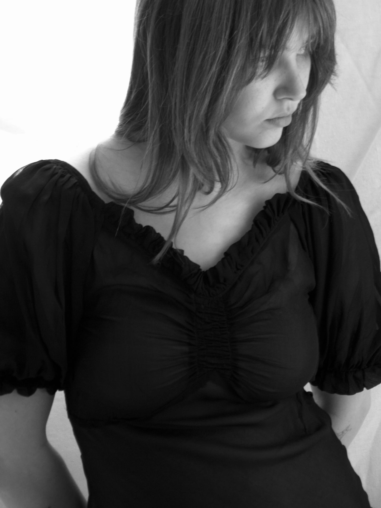 1930s Vampy Chiffon Bias Cut Puff Sleeve Dress