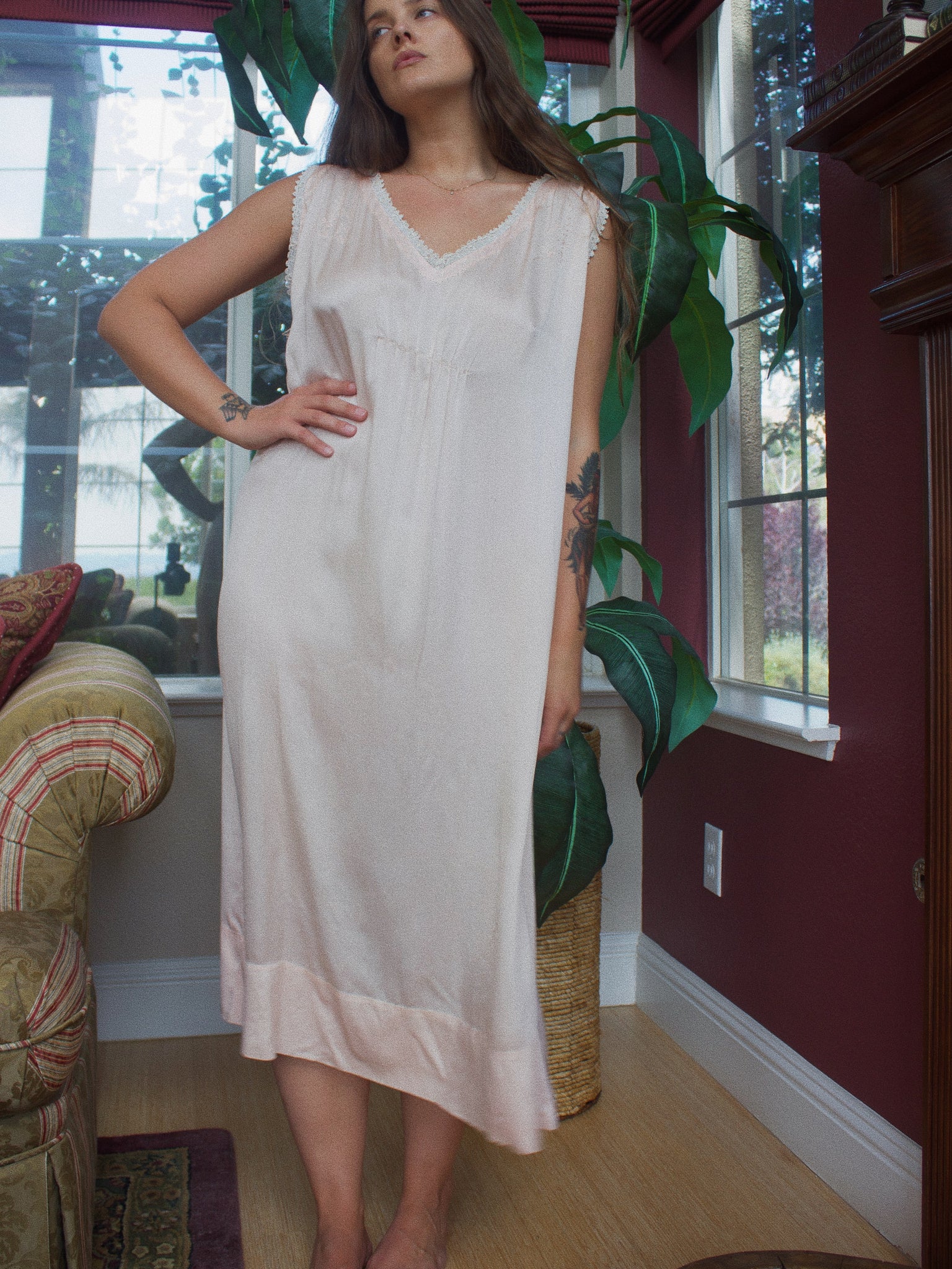 1920s Pale Pink Sumptuous Silk V-Neck Slip Dress