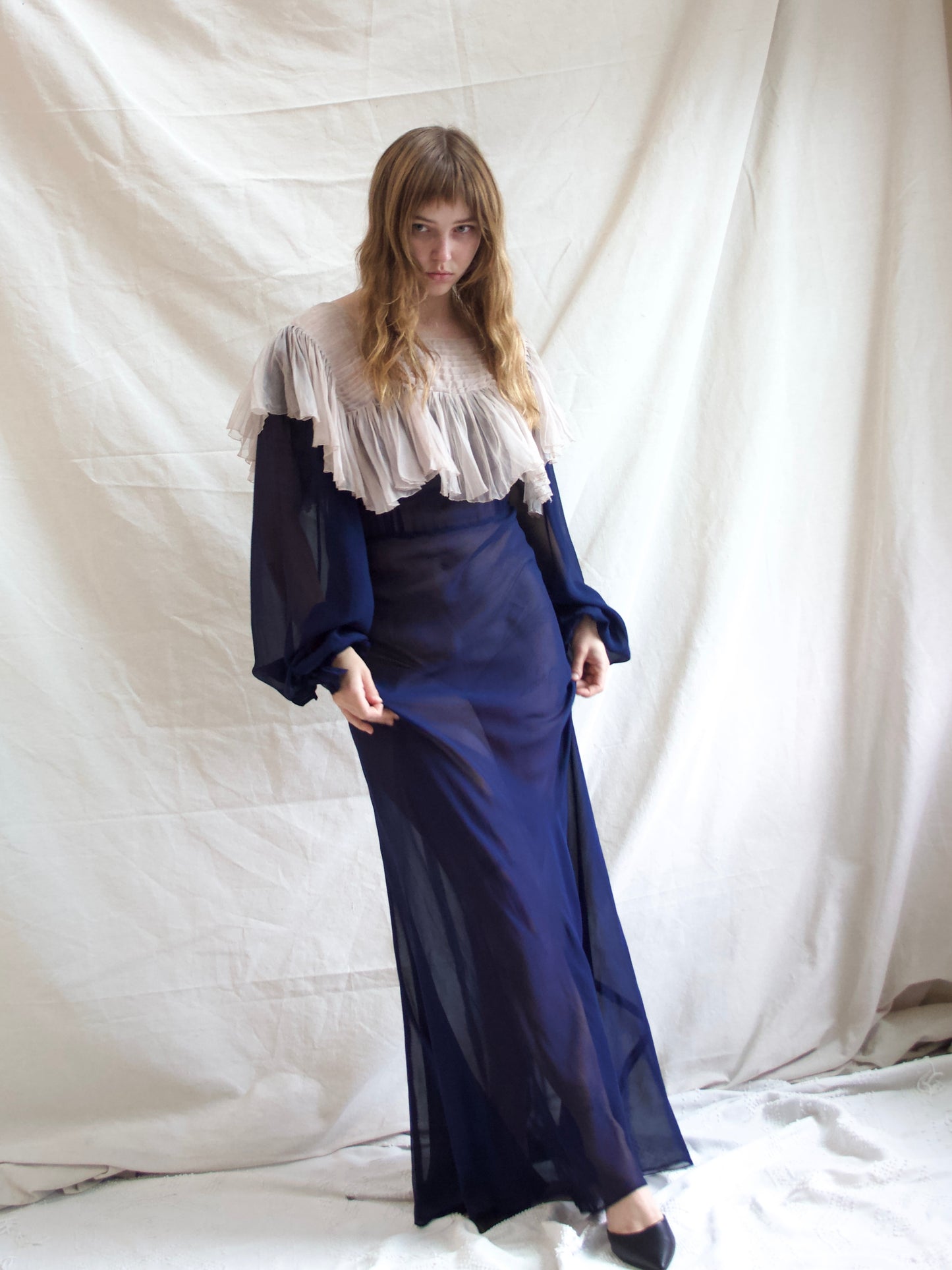 1930s Neckline Flounce Deep Navy Chiffon Bias Cut Bishop Sleeve Gown