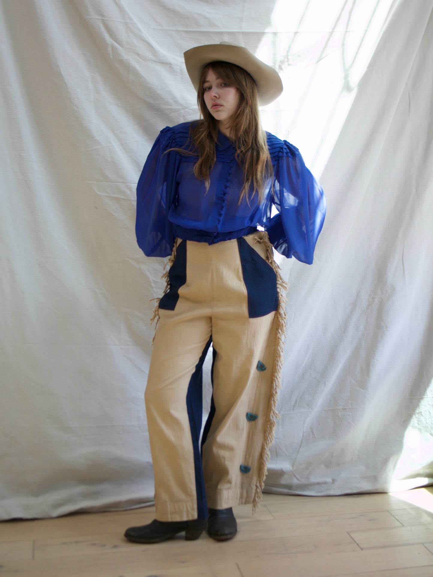 RARE 1940s Western Side Button Two Tone Built-in Chaps Fringe Denim