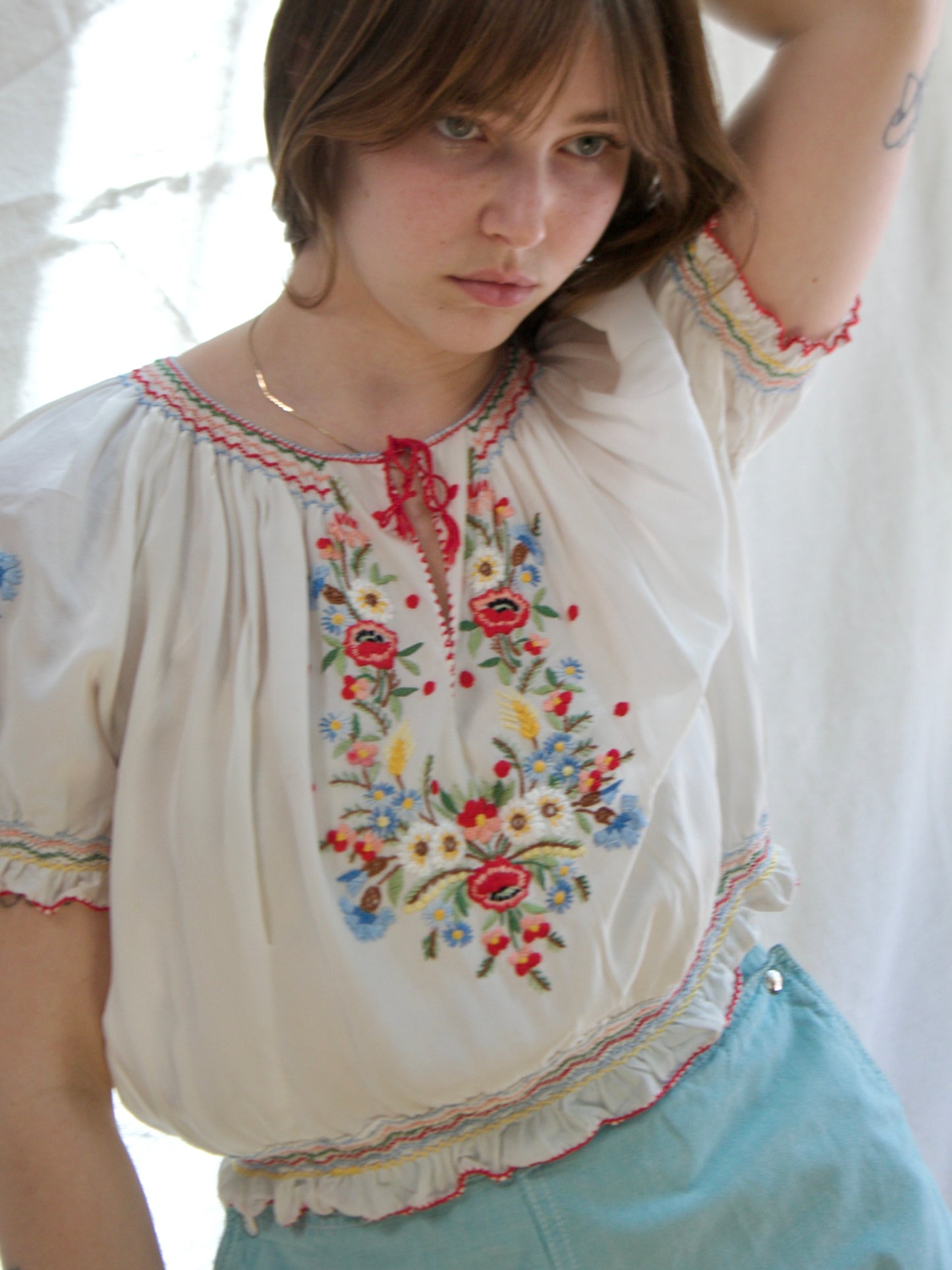 1930s Hand Embroidered Hungarian Silk Crepe Smocked Blouse