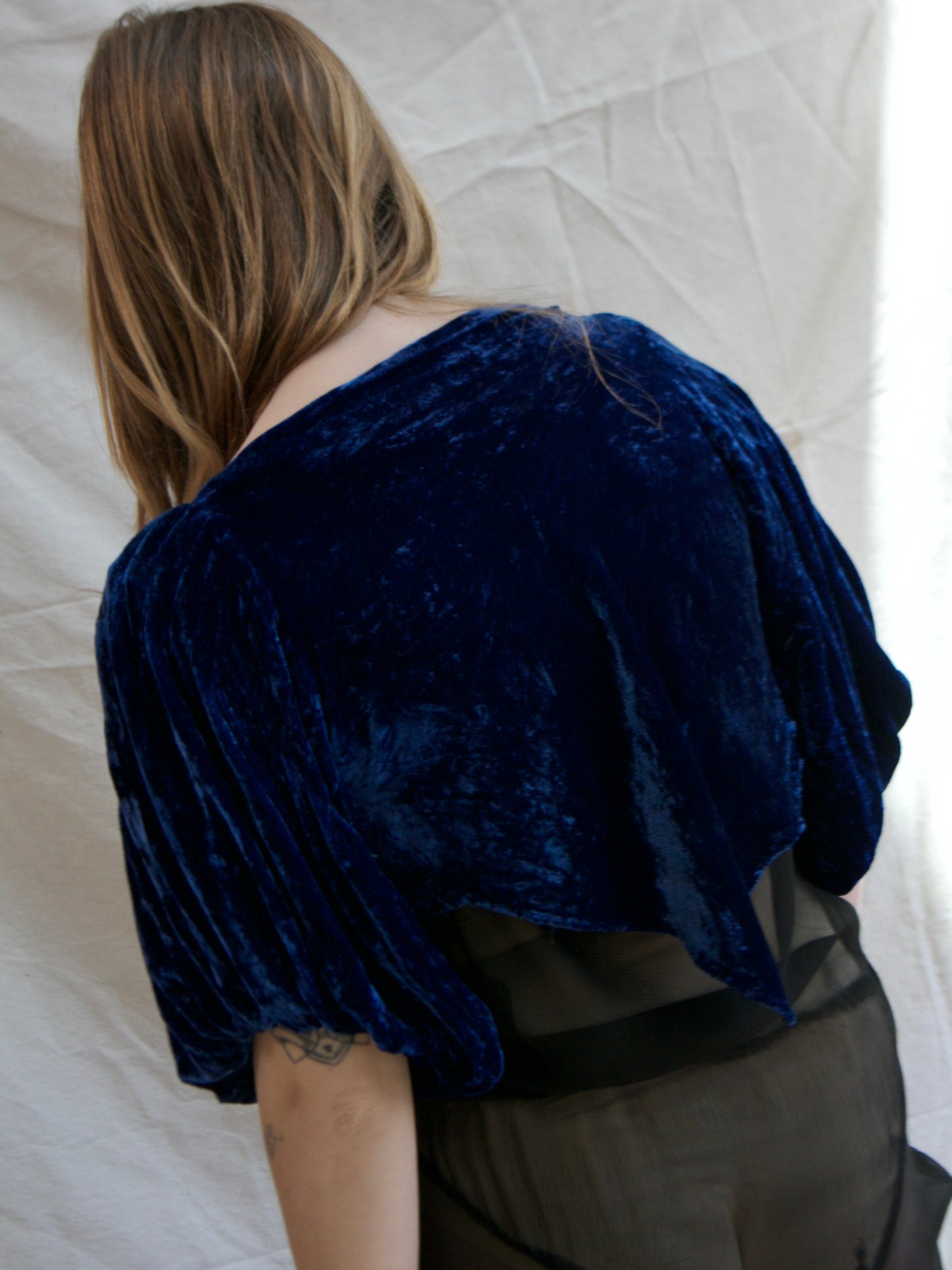 1930s Cobalt Silk Velvet Lamè Trim Puff Sleeve Bolero