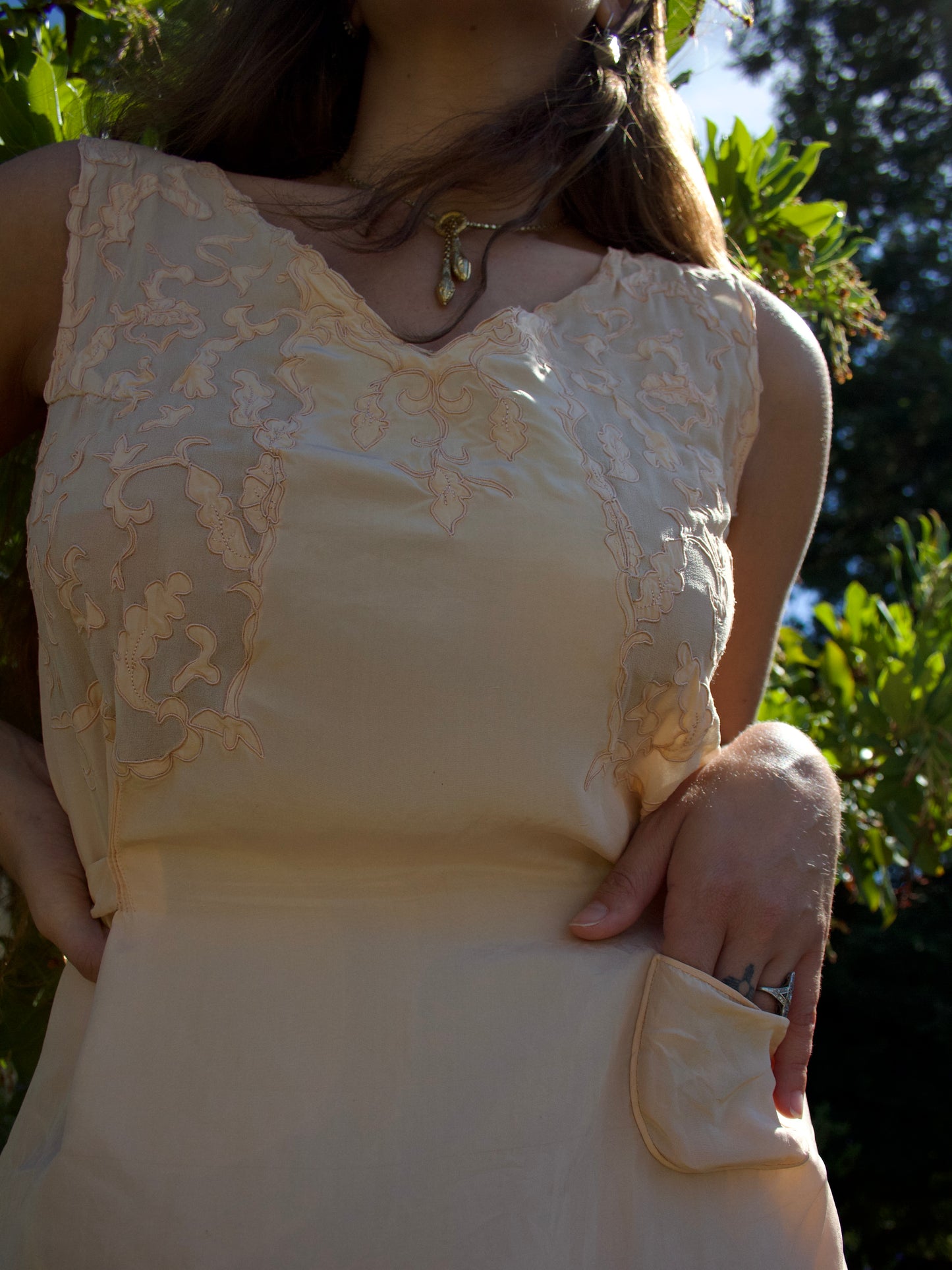 1920s/1930s Scalloped Pink Silk Crepe Chiffon Appliqué Slip Dress