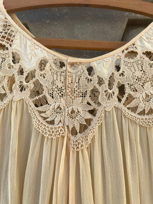 1920s Tasseled Drop Waist Scalloped Lace Work Ecru Crepe Chiffon Dress