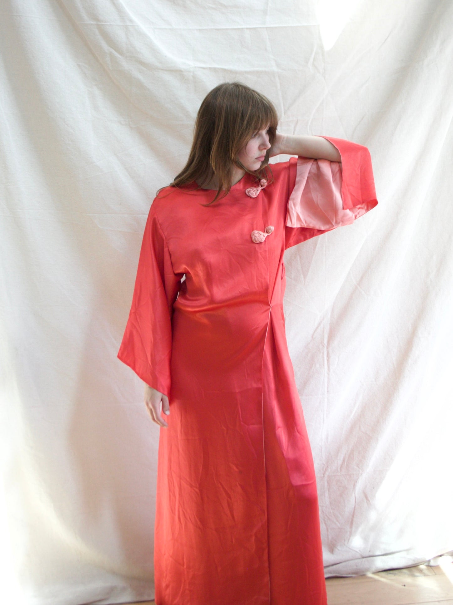 Antique 1920s Day-Glo Neon Coral Kimono Sleeve Silk Frog Closure Robe