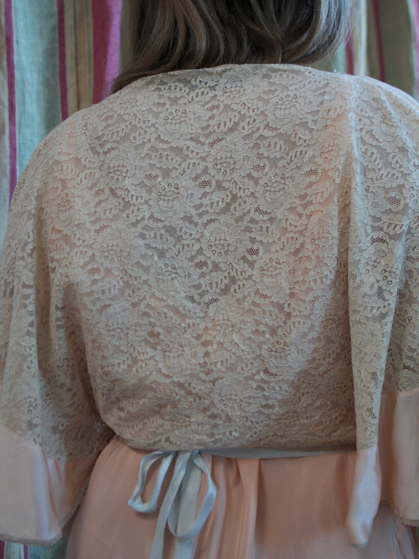 Antique Soft Pink Silk & Lace Ribbonwork Tie Waist Capelet Blouse