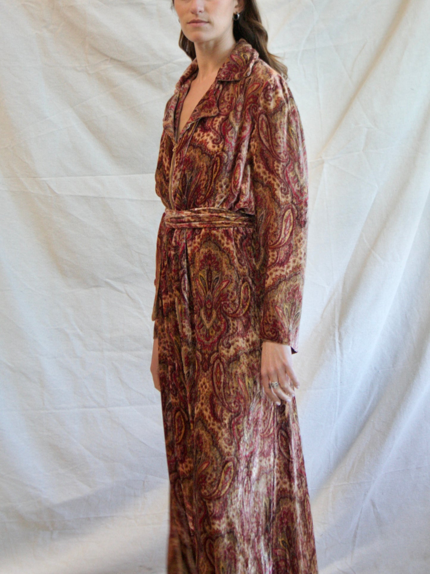 1930s Zip Front Paisley Silk Velvet Bell Sleeve Dressing Gown
