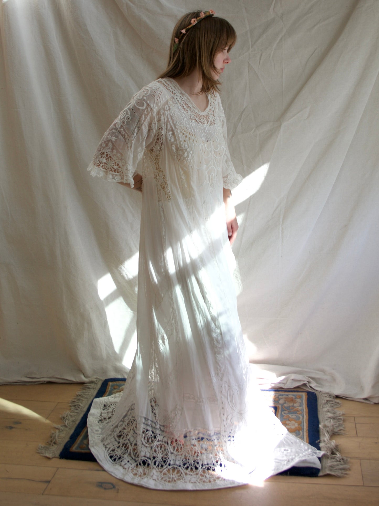 Special Antique Edwardian Whitework Batiste Cotton Crochet Lace Troussea Gown