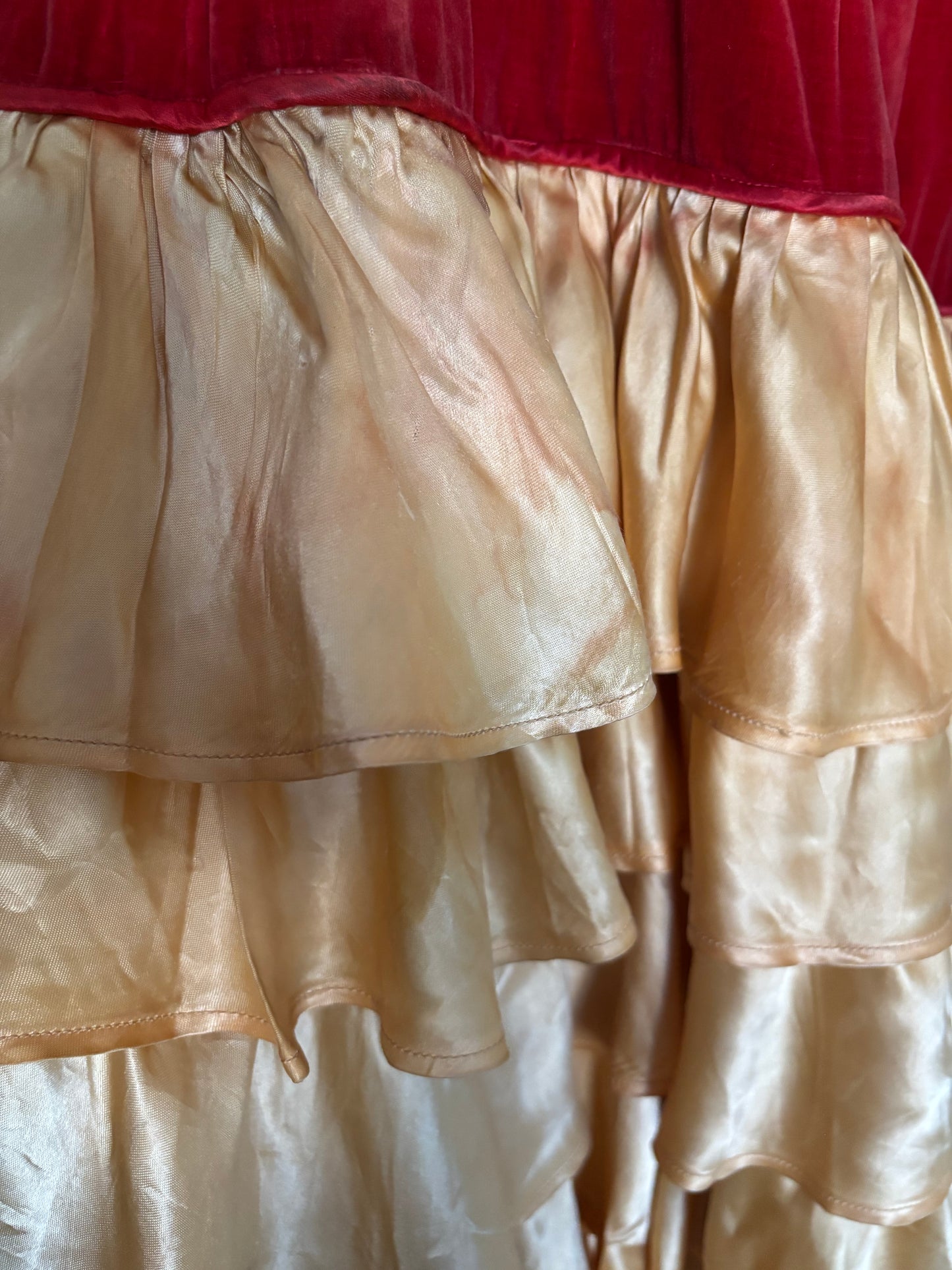 1930s Crimson Velveteen & Gold Liquid Satin Tiered Ruffle Gown