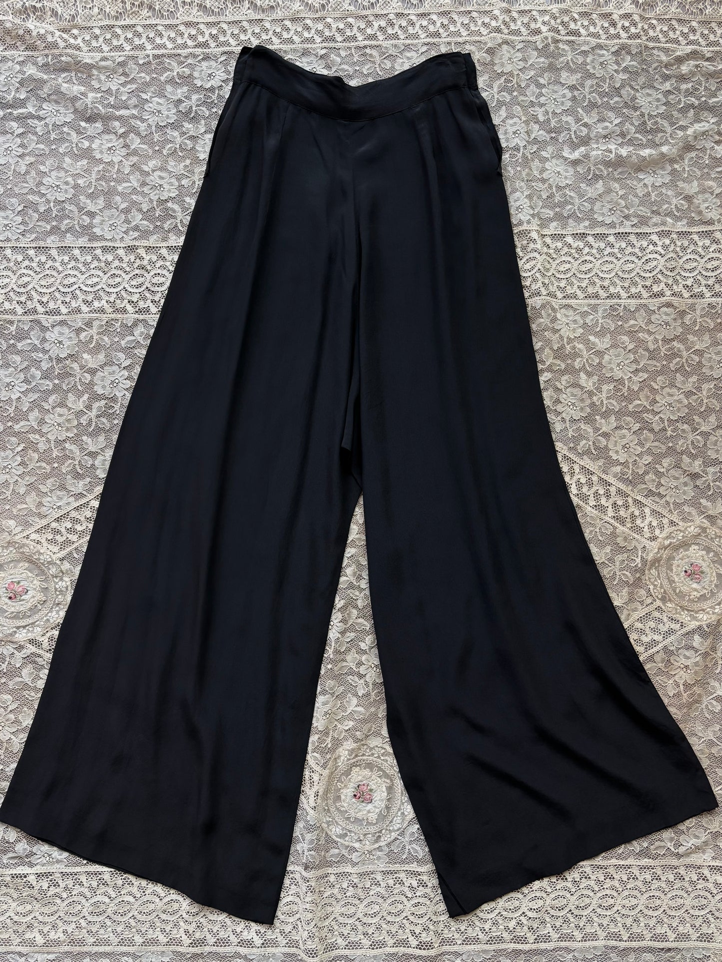 1930s Fall Front Inky Black Silk Palazzo Pants